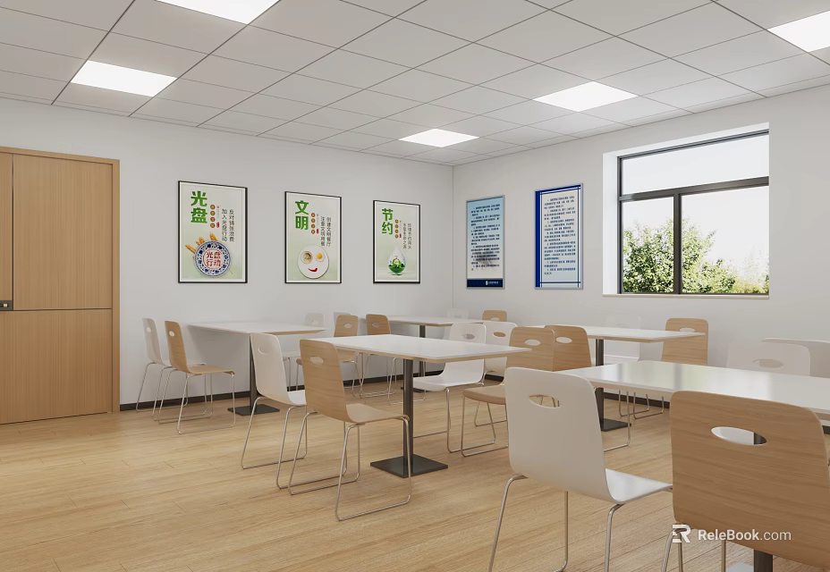 Bright Cafeteria Interior With Wooden Tables Chairs Posters Window Ceiling And Floor 3d model 