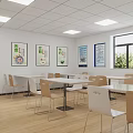 Bright Cafeteria Interior With Wooden Tables Chairs Posters Window Ceiling And Floor 3d model