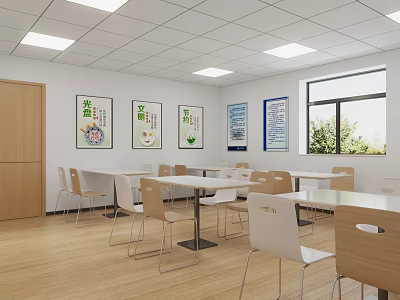 Bright Cafeteria Interior With Wooden Tables Chairs Posters Window Ceiling And Floor 3d model
