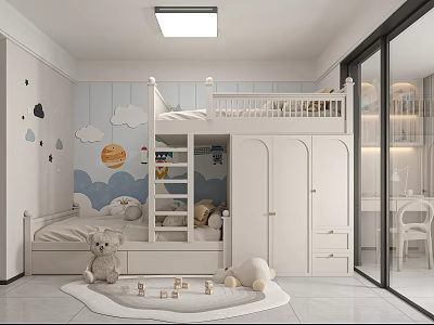 Cozy Modern Kids Bedroom With Bunk Bed And Cloud Wall Art 3d model