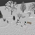 Snow Covered Trees in Winter Park Scene With Snowman Wooden Bench And Green Trash Can