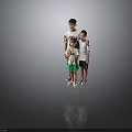 Three Children Standing Together With Gray Background Black Floor And Reflection