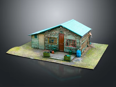 Rustic Wooden House With Green Roof Weathered Walls Front Porch And Flower Pots 3d model