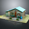 Rustic Wooden House With Green Roof Weathered Walls Front Porch And Flower Pots