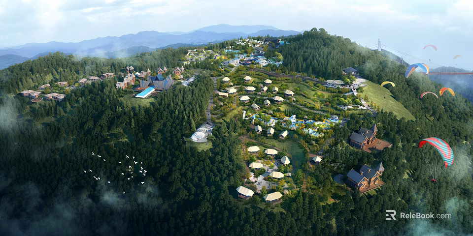 Scenic Garden Landscape With Lush Forests Mountain Backdrops Open Green Spaces And Architectural Pavilions 3d model 