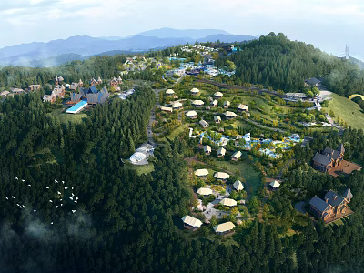 Scenic Garden Landscape With Lush Forests Mountain Backdrops Open Green Spaces And Architectural Pavilions 3d model