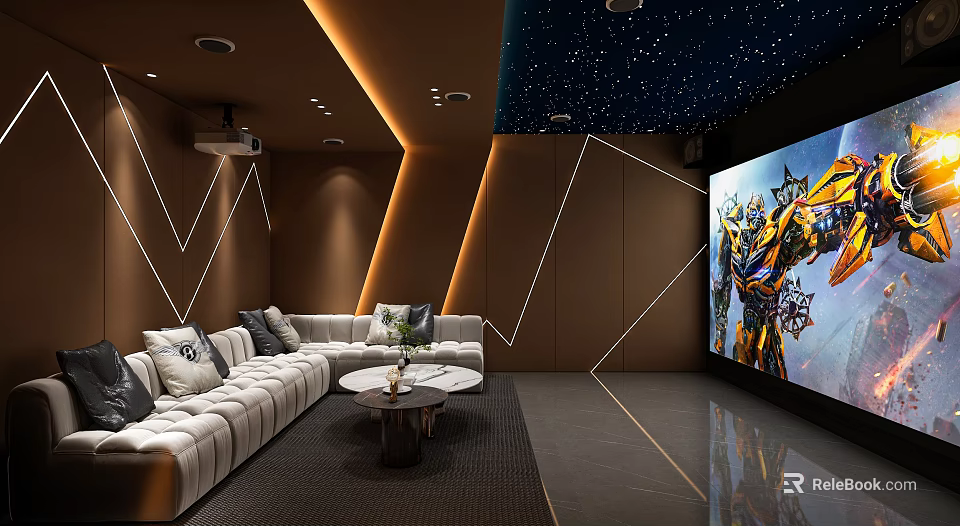 Home Theater Interior With Cozy Sofa Star Ceiling And Large Screen 3d model 