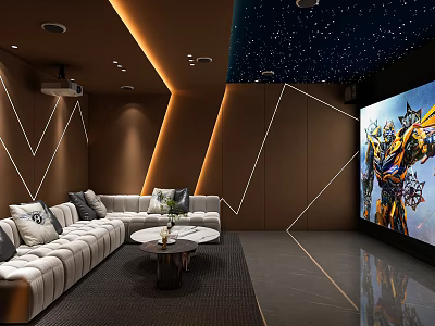 Home Theater Interior With Cozy Sofa Star Ceiling And Large Screen 3d model