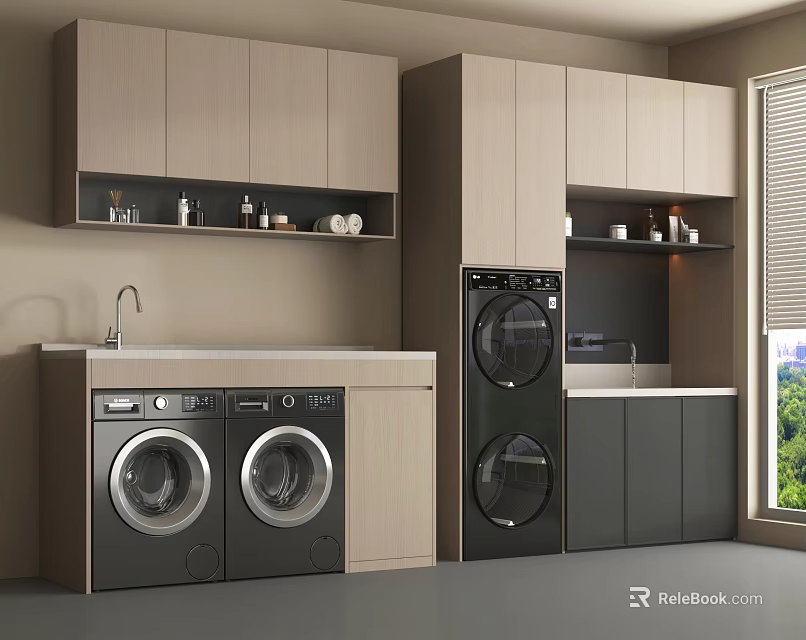 Modern Laundry Room Interior With Washing Machines Dryer Cabinets And Countertop 3d model 