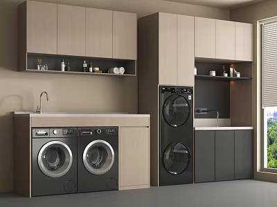 Modern Laundry Room Interior With Washing Machines Dryer Cabinets And Countertop 3d model