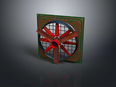 Square Exhaust Fan With Red Blades Green Frame And Metal Grid Structure 3d model