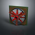 Square Exhaust Fan With Red Blades Green Frame And Metal Grid Structure