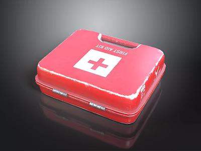 Red First Aid Kit With White Cross Symbol And Metal Case For Emergencies 3d model