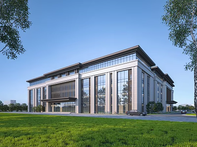 Modern Office Building Exterior With Glass Curtain Wall And Green Lawn Trees 3d model