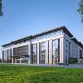 Modern Office Building Exterior With Glass Curtain Wall And Green Lawn Trees