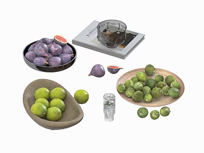 Ripe Purple Figs and Fresh Green Limes in Wooden Bowls and Tray 3d model