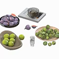 Ripe Purple Figs and Fresh Green Limes in Wooden Bowls and Tray