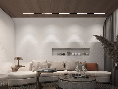 Light Colored Sectional Sofa with Orange Cushion Round Coffee Table Wooden Ceiling and Decorative Shelf 3d model
