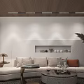 Light Colored Sectional Sofa with Orange Cushion Round Coffee Table Wooden Ceiling and Decorative Shelf