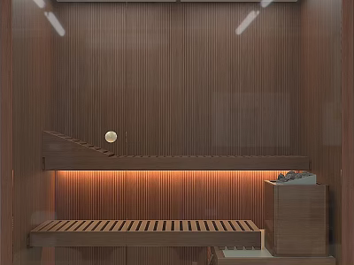 SPA Sauna Wooden Interior With Vertical Striped Walls LED Lighting Bench And Cabinet 3d model