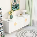 Bright Entryway Nook Featuring White Console Cabinet Green Vase Flowers Lamp Books Painting And Plant
