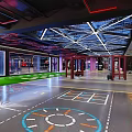 Fitness Center Lounge With Modern Industrial Design Blue Red Pipes Grid Ceiling And Comfortable Sofas