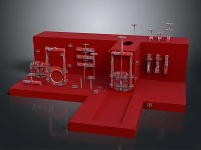 Red Industrial Mechanical Device 3D Model With Metal Frames Pipes Circular Components And Platforms 3d model