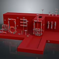 Red Industrial Mechanical Device 3D Model With Metal Frames Pipes Circular Components And Platforms