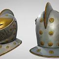 Ancient Medieval Helmets With Metallic Finish And Decorative Gold Silver Details