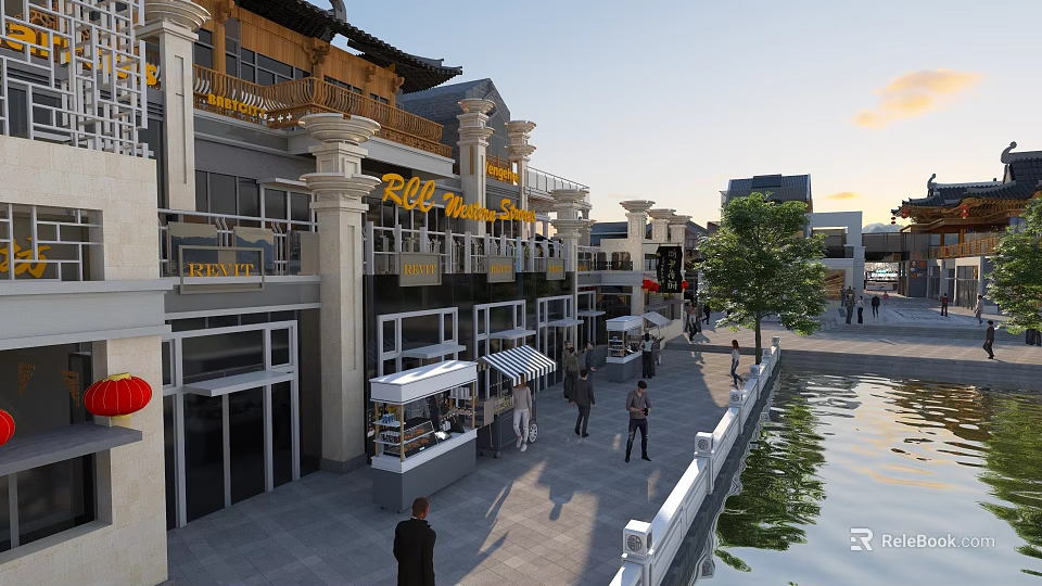 Charming Chinese Style Commercial Street With Shops Outdoor Seating Waterfront And Evening Pedestrians Atmosphere 3d model 