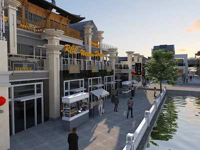 Charming Chinese Style Commercial Street With Shops Outdoor Seating Waterfront And Evening Pedestrians Atmosphere 3d model
