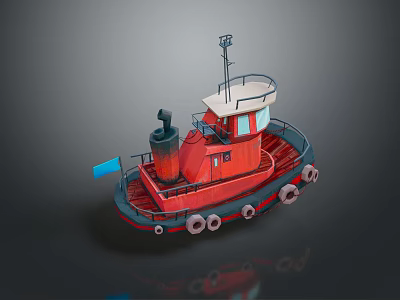 Red Tugboat With White Cabin Black Chimney Blue Flag And Lifebuoys 3d model