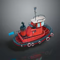 Red Tugboat With White Cabin Black Chimney Blue Flag And Lifebuoys