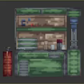 Minecraft Inspired Blocky Workbench With Green Gray Blocks And Top Items