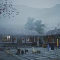 Ancient Traditional Architecture with Tile Roof Courtyard Hanging Clothes Chairs and Misty Distant Mountains