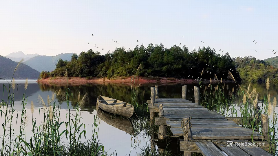 Scenic Lake Landscape Featuring Wooden Dock Old Boat Green Trees Flying Birds And Distant Mountains 3d model 