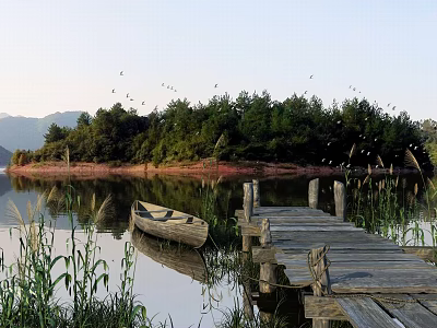Scenic Lake Landscape Featuring Wooden Dock Old Boat Green Trees Flying Birds And Distant Mountains 3d model