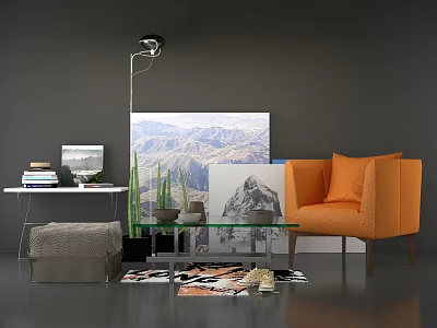 Orange Accent Chair Modern Living Room Interior With Mountain Painting Floor Lamp And Glass Coffee Table 3d model