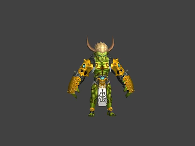 Mythical Green Skinned Game Movie Character With Spiked Horns Golden Armor And Tribal Totems 3d model