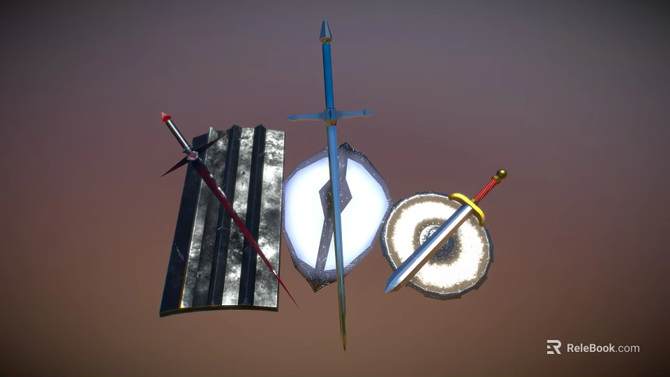 Medieval Weapons Collection Featuring Swords Shields And Metal Blades With Ornate Designs 3d model 
