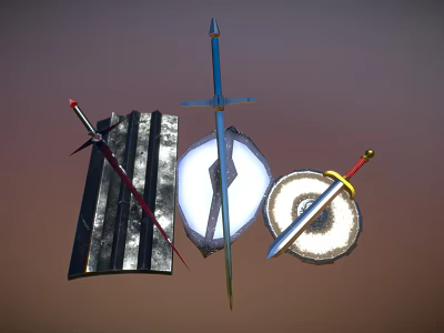 Medieval Weapons Collection Featuring Swords Shields And Metal Blades With Ornate Designs 3d model