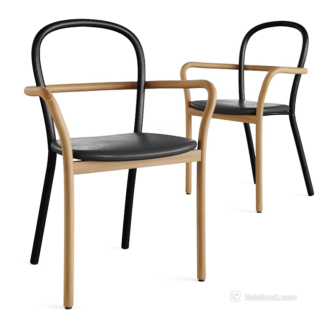 Modern Minimalist Single Chair Design With Wooden Frame Black Metal Legs And Leather Seat 3d model 