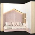 Warm Children's Bed Design With Wooden Frame Pink Upholstery And Storage Shelves