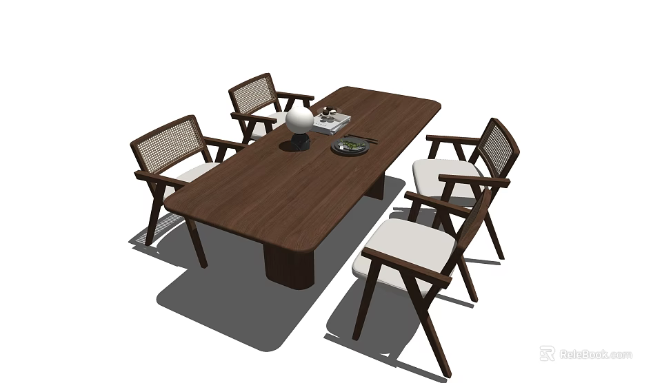 Wooden Dining Table Set With Woven Back Chairs And White Cushioned Seats 3d model 
