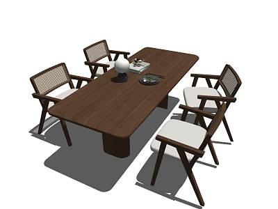 Wooden Dining Table Set With Woven Back Chairs And White Cushioned Seats 3d model