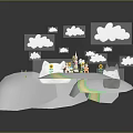 Fairy Tale Scene With Fluffy Clouds Green Hills Rainbow And Small Animals
