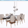 Modern Dining Table Set With Six Beige Chairs And Hanging Pendant Lights 3d model