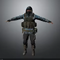 Hooded Tactical Character In Blue Camouflage With Red Mask Tactical Vest Knee Pads And Boots