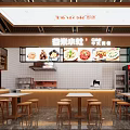 Cozy Restaurant Interior With Orange Wall Wooden Tables Chairs Hanging Lights And Billboard