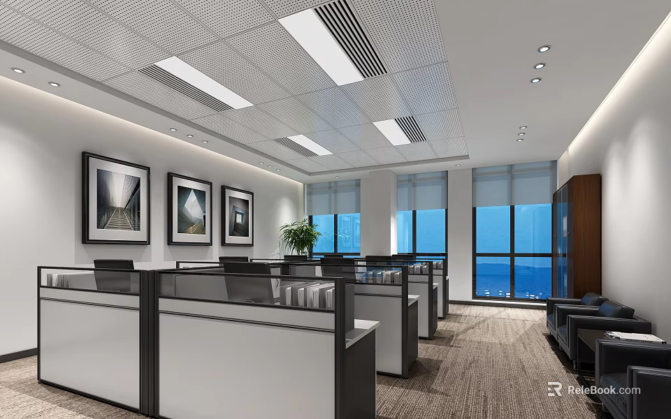 Modern Public Office Space With Office Cubicles Large Windows And Framed Artworks 3d model 